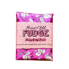 A pink scented flower seed paper wrapped in a paper band labeled 'Flower Child FUDGE Raspberry Rose' on a plain white background.