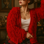 Person wearing a red fringed jacket over a white top and plaid skirt in a warm-toned room.