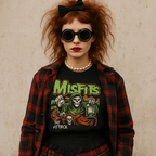 Person wearing a 'Misfits' t-shirt with a plaid jacket and bow tie.
