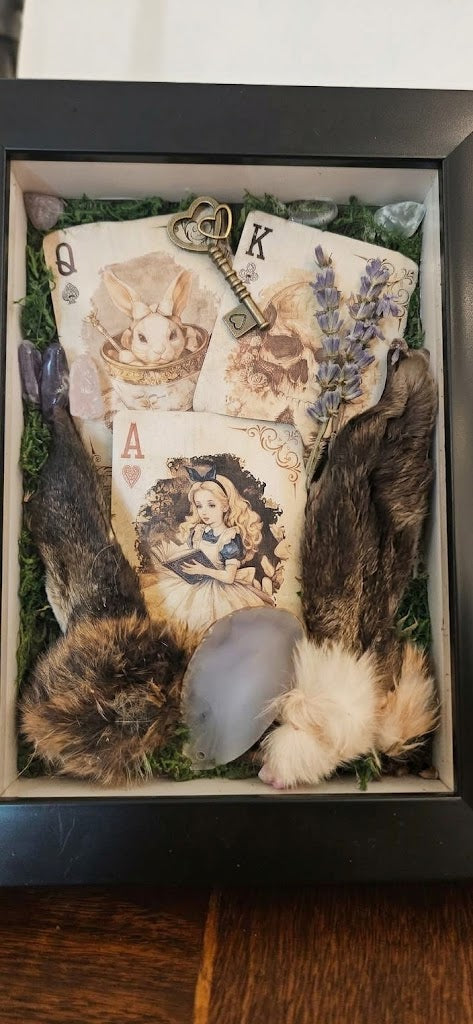 Alice in Wonderland gothic shadow box wall art featuring vintage illustrated playing cards, an antique skeleton key, dried botanicals, polished stone, and natural elements framed in black.   