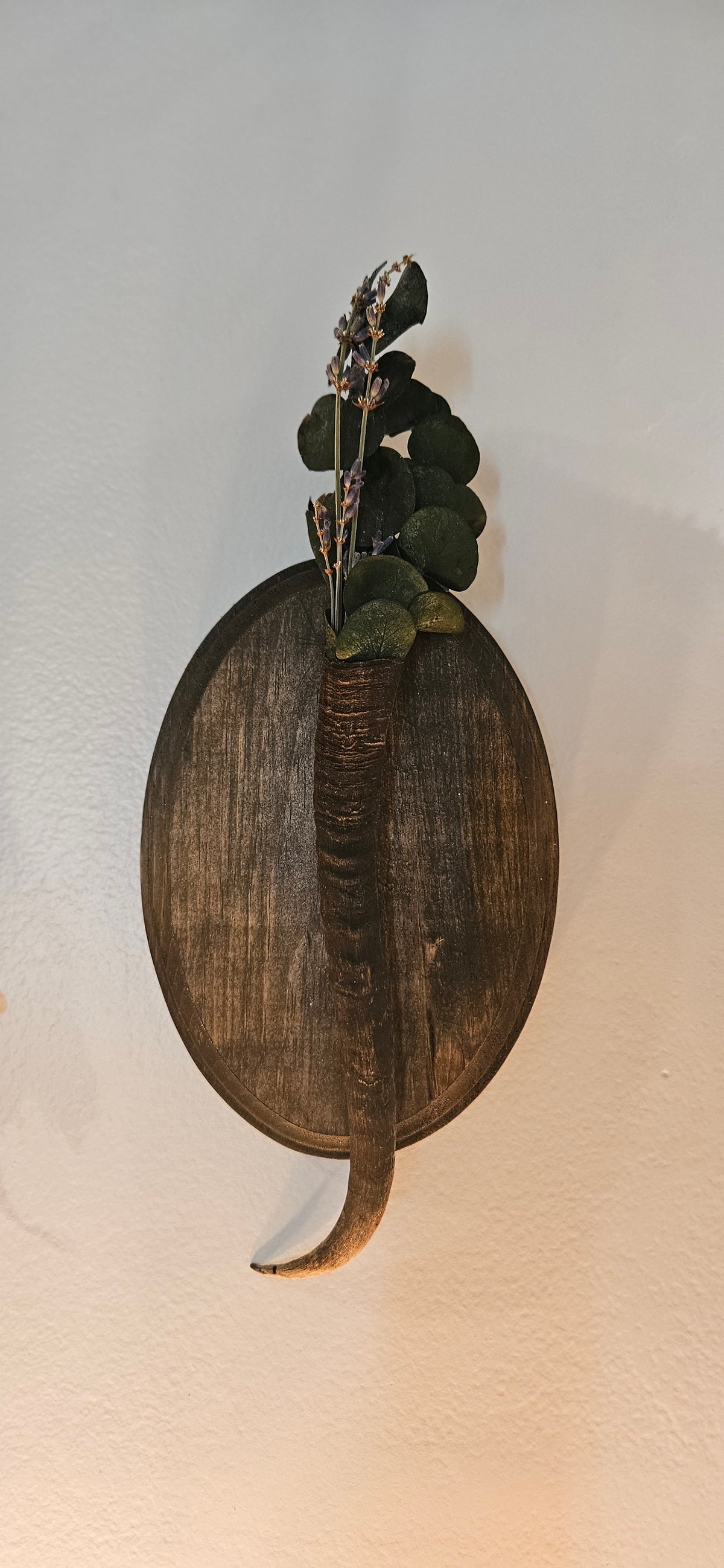 Handcrafted rustic wall decor featuring a dark curved horn vase mounted on an oval stained wood plaque, filled with dried eucalyptus leaves and lavender sprigs on an off-white wall.