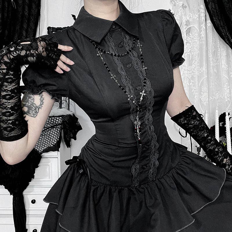 Black A-Line Dress With Bow Short Sleeves