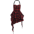 Sleeveless Red Checkered Bodycon Dress with Open Back