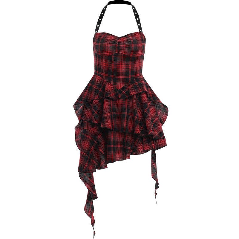 Sleeveless Red Checkered Bodycon Dress with Open Back