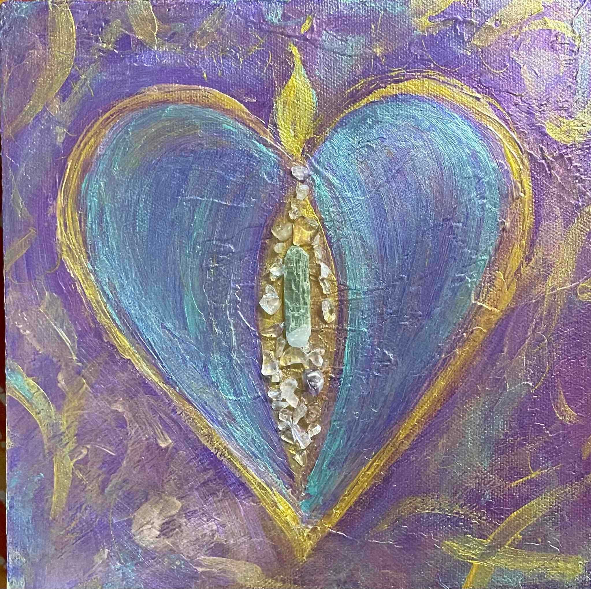 A square mixed media painting, featuring a stylized blue and turquoise heart in the center outlined in bright metallic gold paint against a heavily textured purple and gold background. The center of the heart has an elongated vertical opening filled with small, embedded raw white crystals and a central light-green rectangular stone, topped with a small painted golden flame motif.