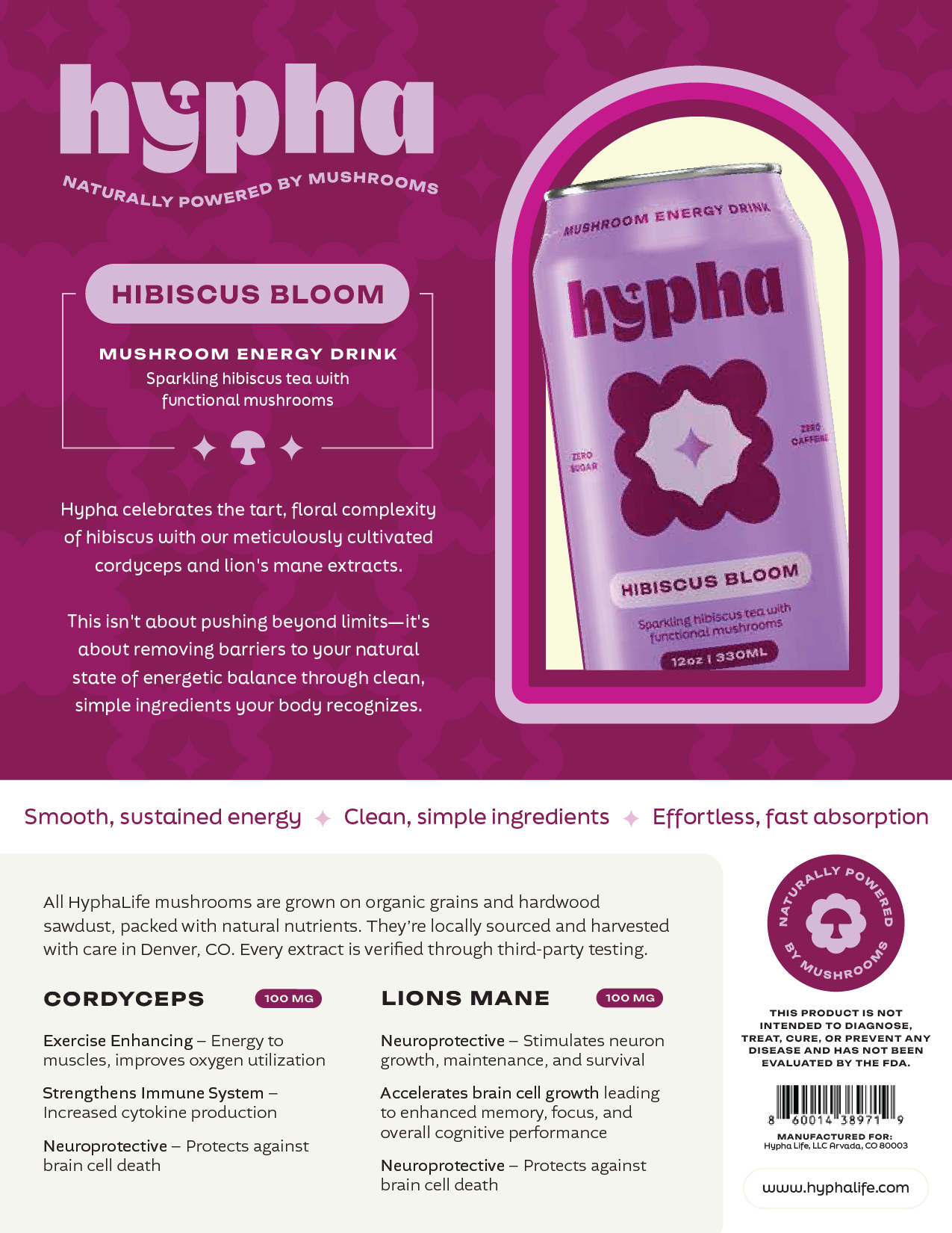 Hypha Mushroom Energy Drink - Hibiscus Bloom 12can increment