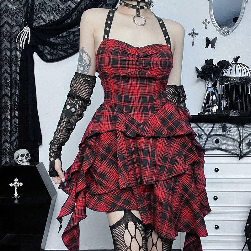 Sleeveless Red Checkered Bodycon Dress with Open Back