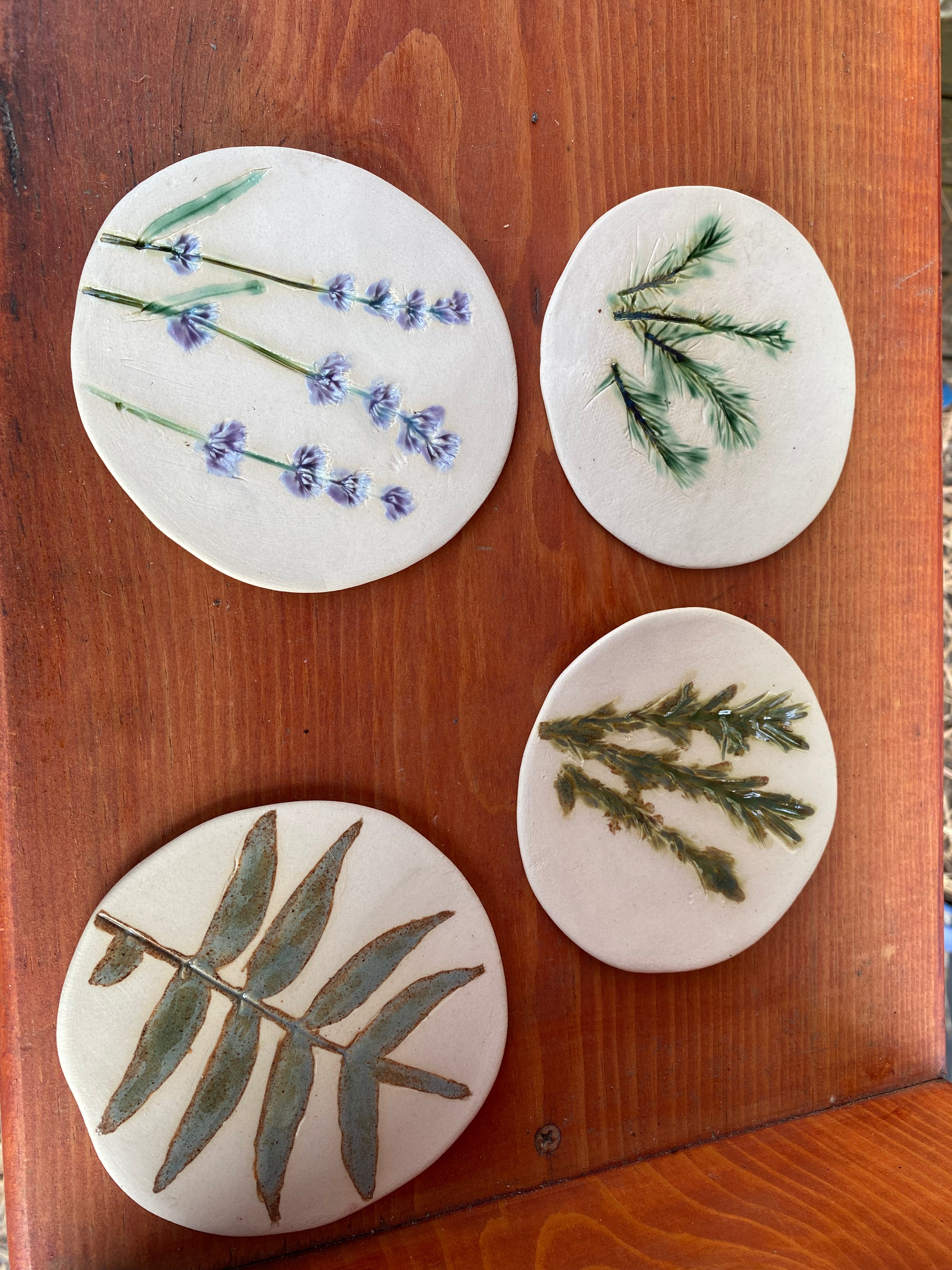 Coasters with plant imprints, Ceramic Handmade