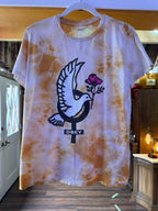 Shop our authentic Obey Worldwide tie-dye graphic t-shirt in size Large. Features a stunning mustard yellow all-over cloud dye with a white peace dove print.