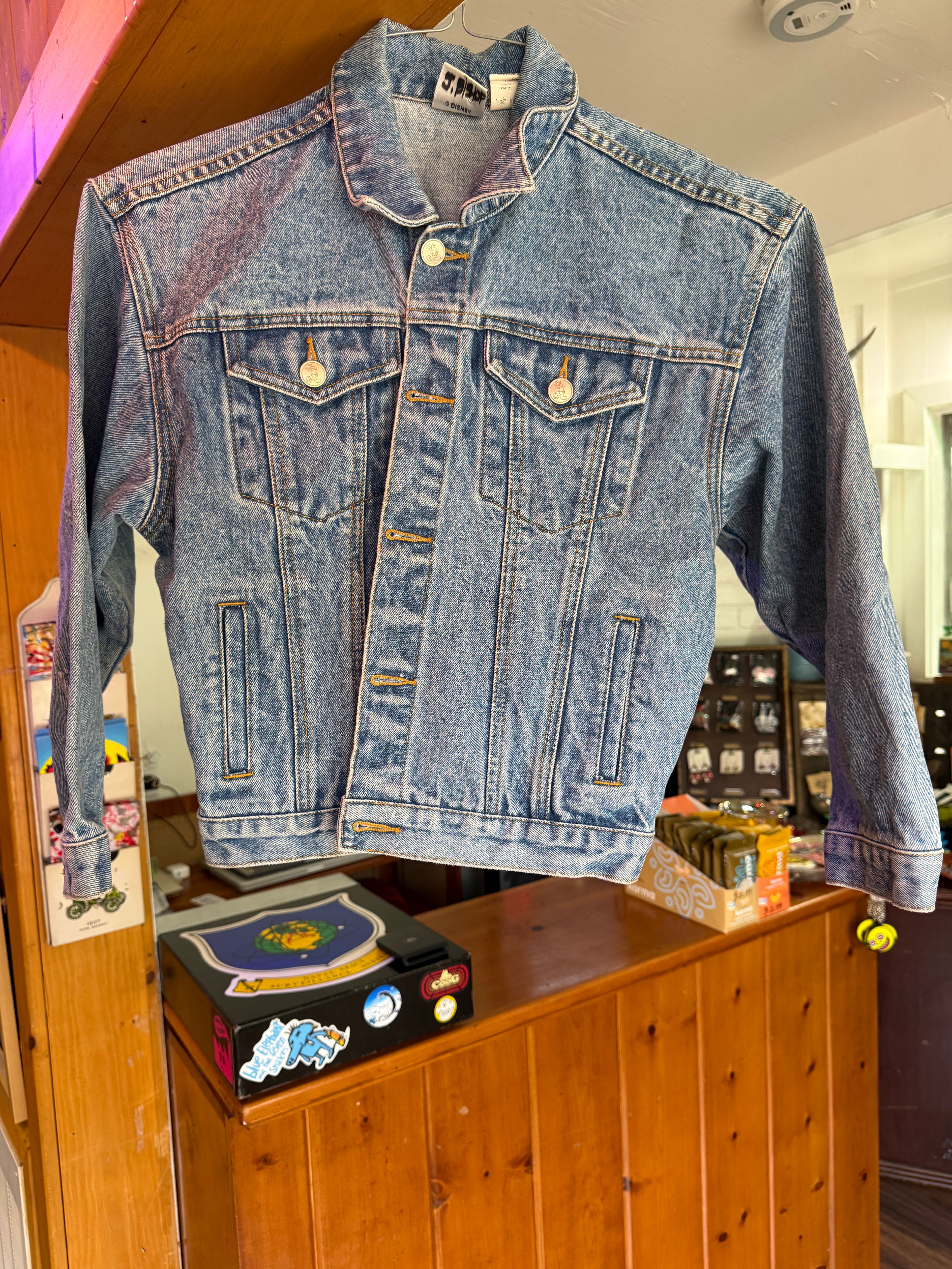 Vintage Disney Denim Jacket, J.G. Hook Disney Coat, 90s Mickey Mouse Jean Jacket, Embroidered Disney Character Jacket, Classic Medium Wash Denim, Retro Disney Streetwear, The Funky Bazaar Finds.
