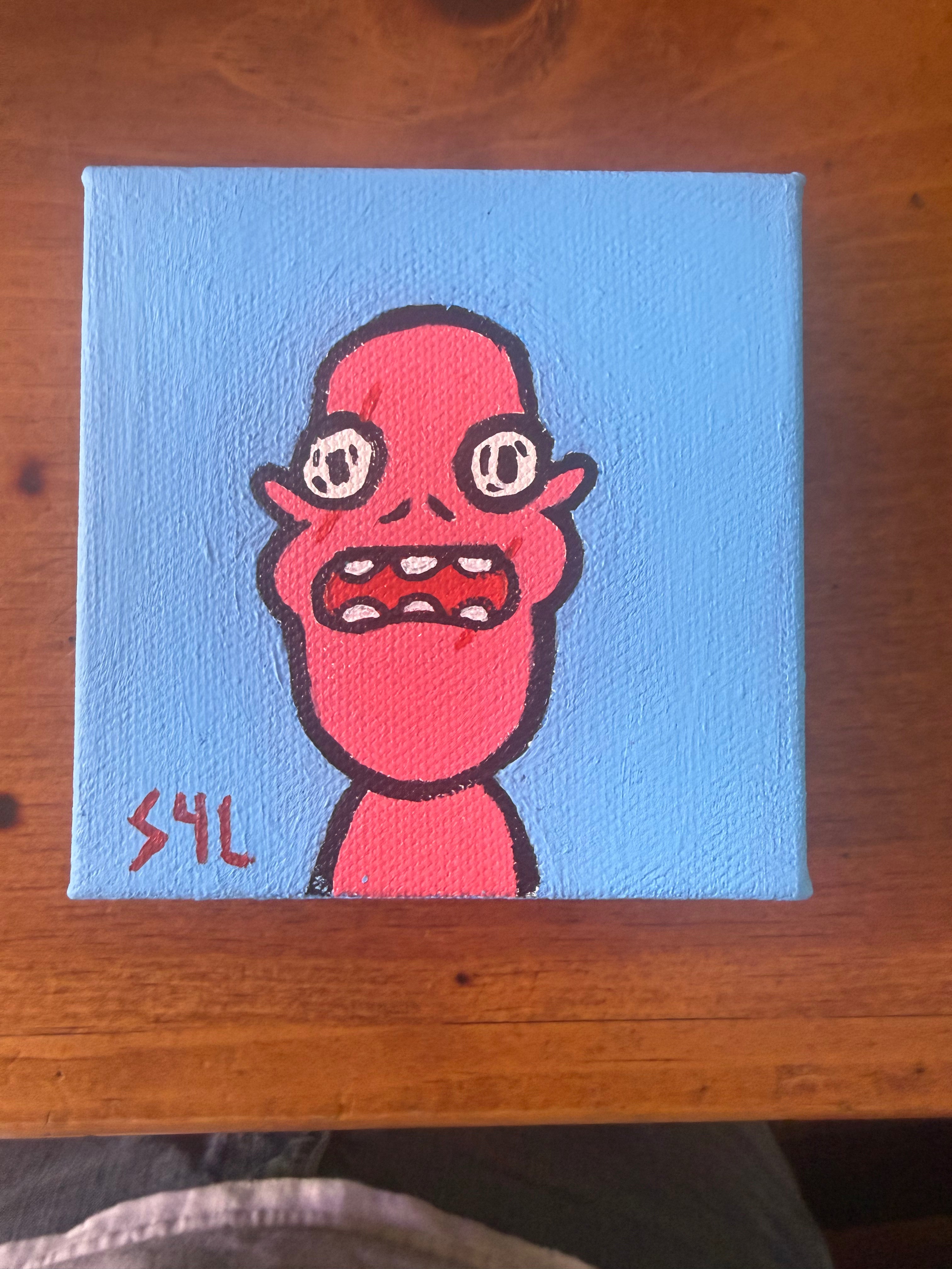 "Lonesome" by Shelf4Life 4x4 mini canvas painting featuring a stylized, anxious pink creature with wide eyes and an open mouth against a solid baby blue background, signed S4L.