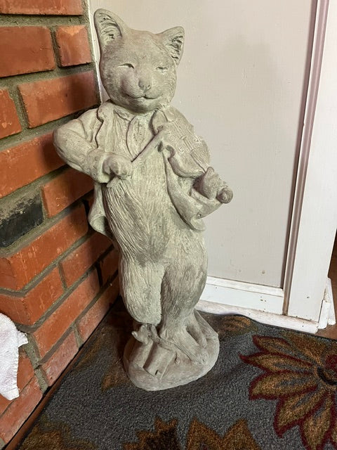 Vintage Concrete Cat and Fiddle Statue | Anthropomorphic Feline Violinist Garden Ornament & Whimsical Oddities Decor