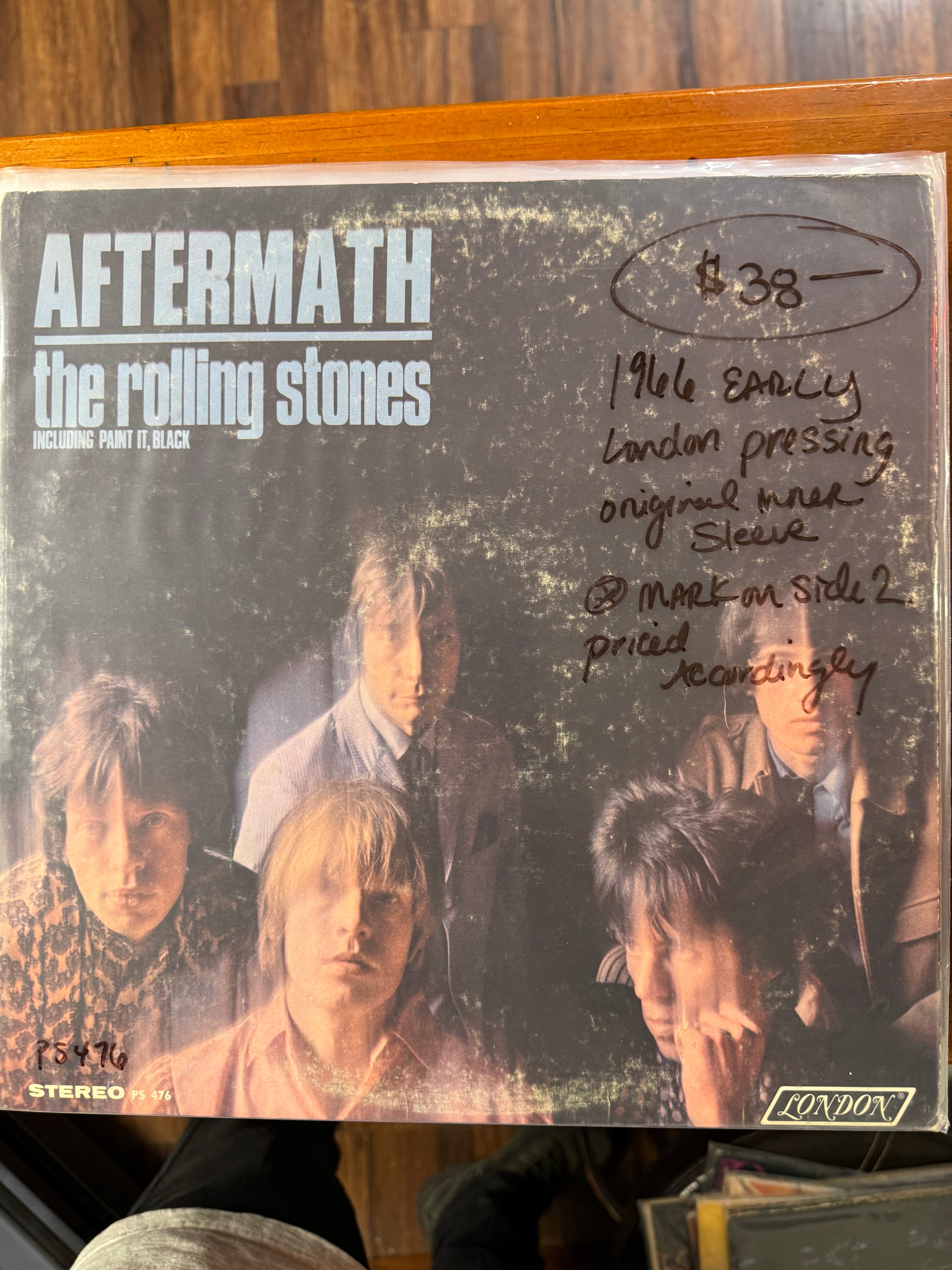 Vintage 1966 early stereo pressing vinyl record jacket for The Rolling Stones Aftermath on London Records, featuring moody band member portrait photography.