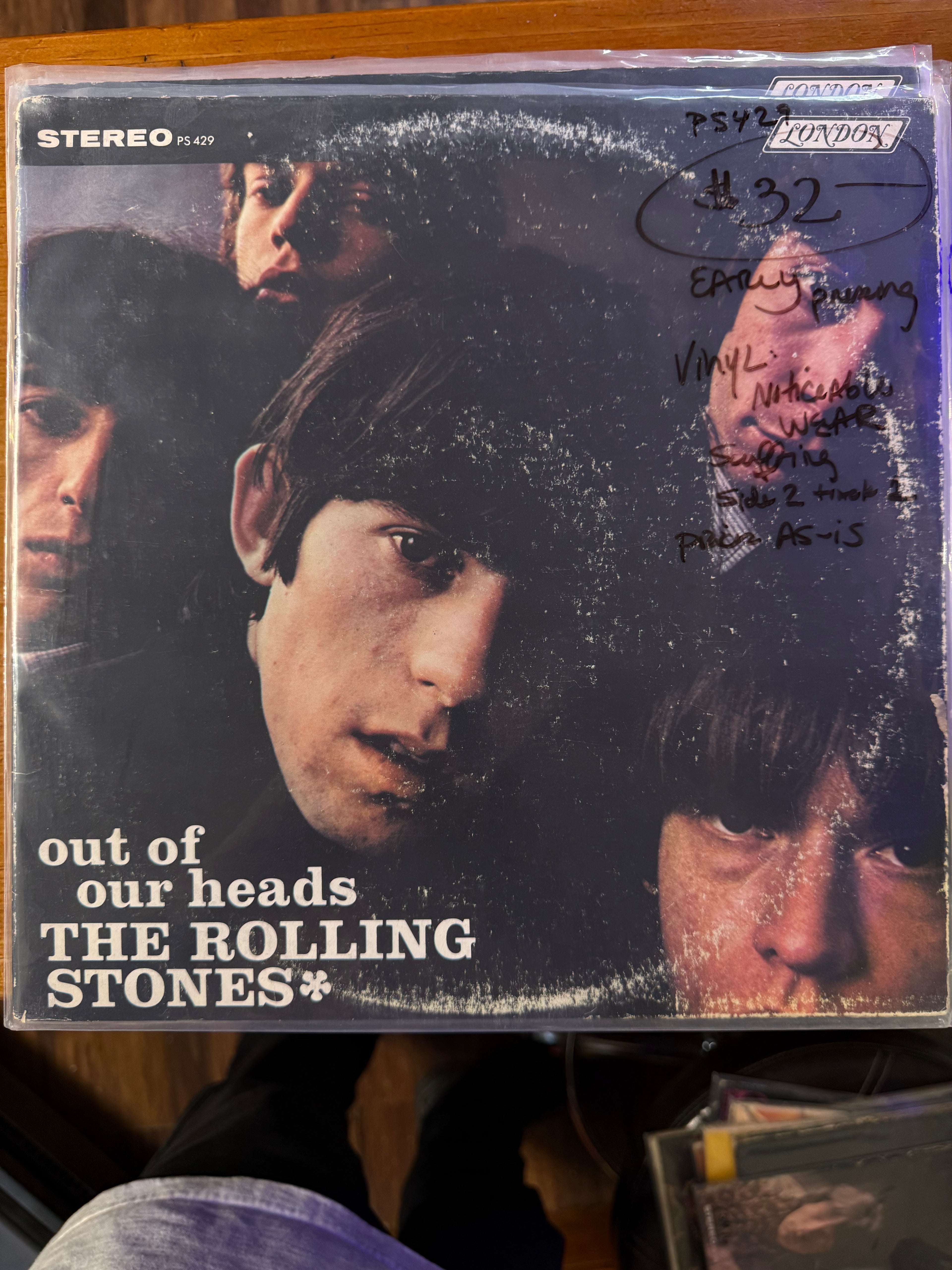 Vintage 1965 early stereo pressing vinyl record jacket for The Rolling Stones Out of Our Heads on London Records, featuring close-up portrait photography of the band members.
