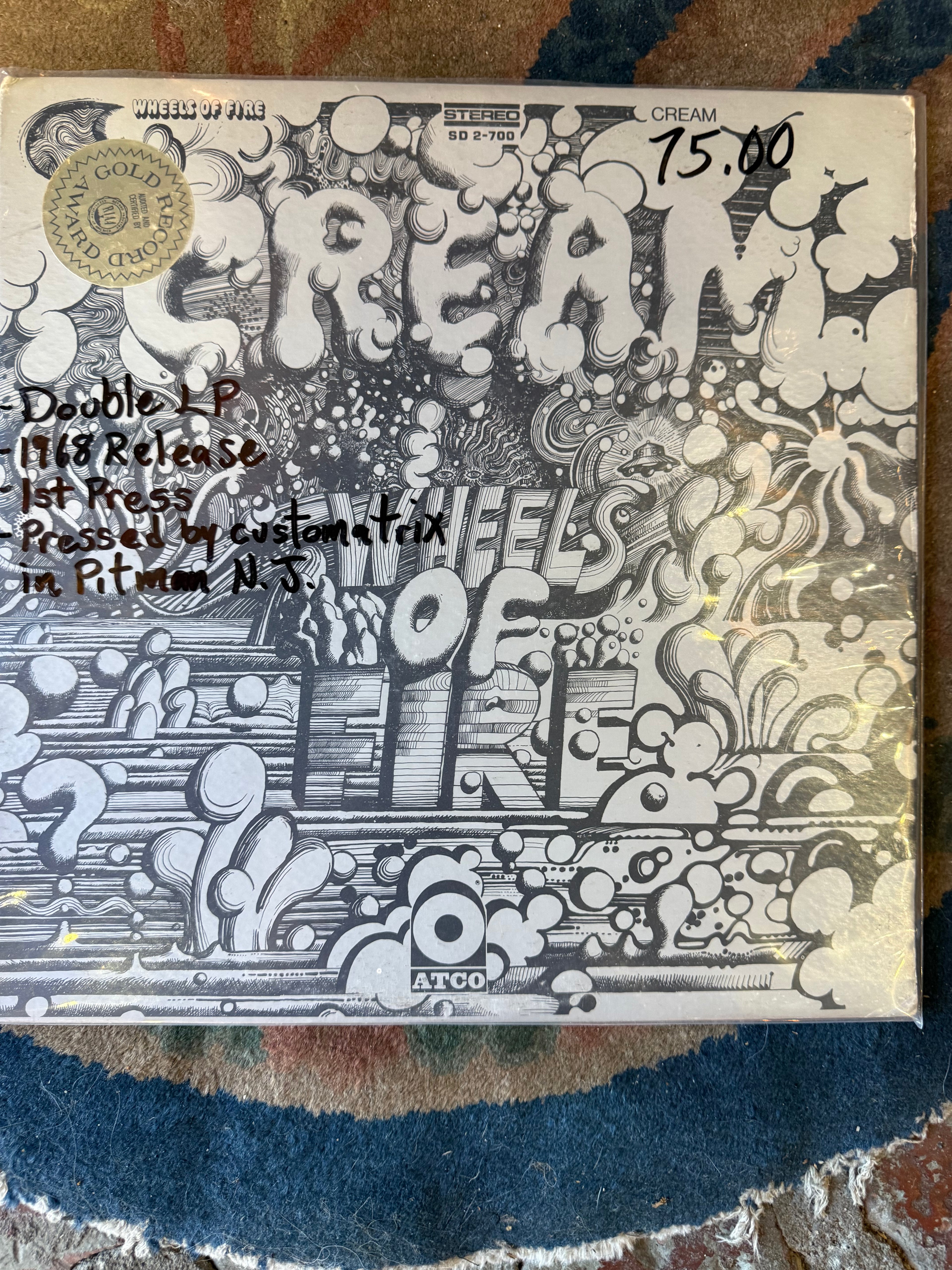 Vintage 1968 vinyl record cover for Cream's double album Wheels of Fire, featuring intricate black-and-white psychedelic illustration with ATCO Records stereo logo.