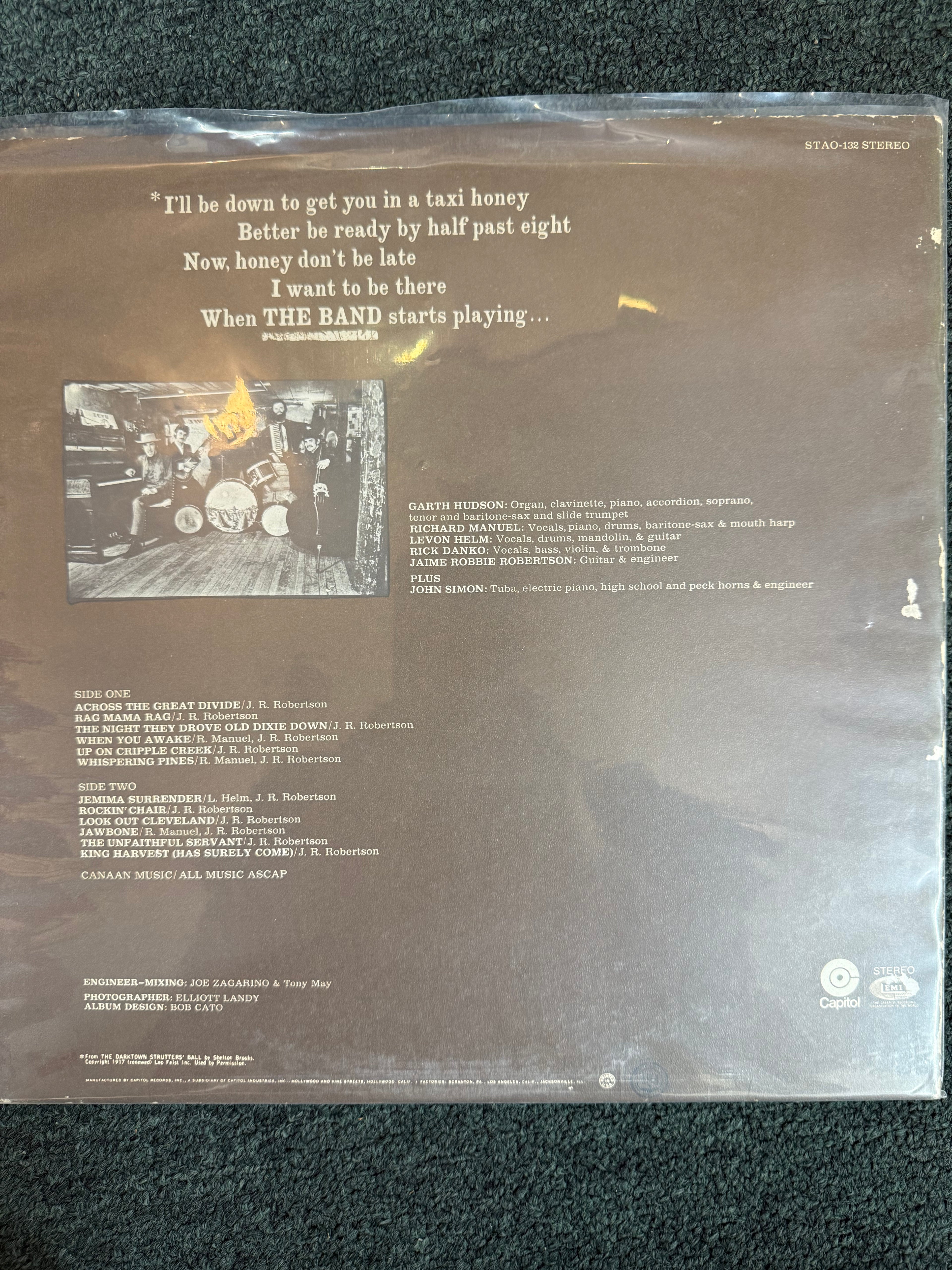 Original 1969 vinyl pressing of The Band (STAO-132) featuring Capitol Records' classic lime-green label.