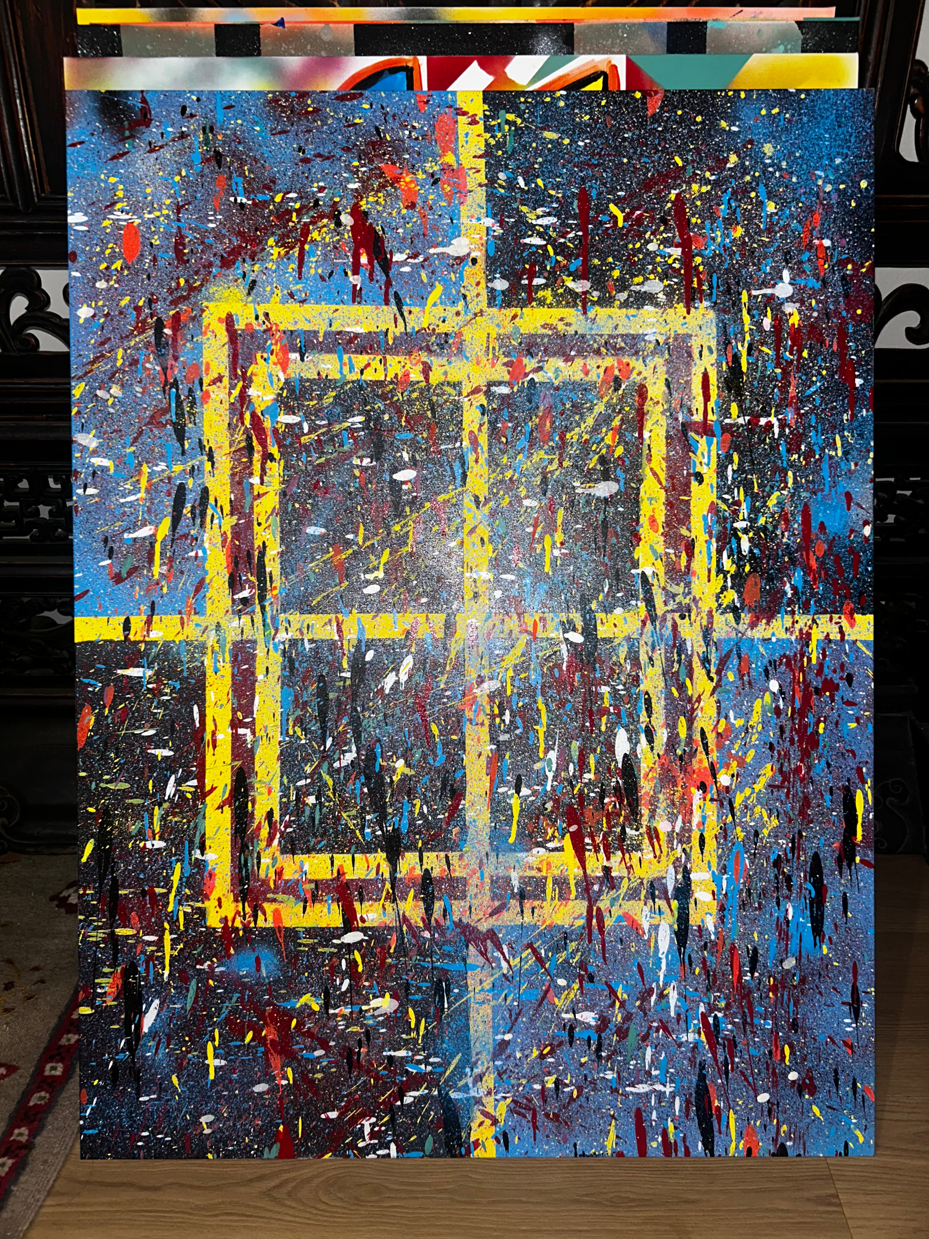 "Titanium Quartz" by Shelf4Life original abstract canvas painting featuring a multi-paneled blue and black background with a yellow stenciled geometric window grid pattern covered in chaotic crimson red, white, yellow, and black paint splatters and drips.