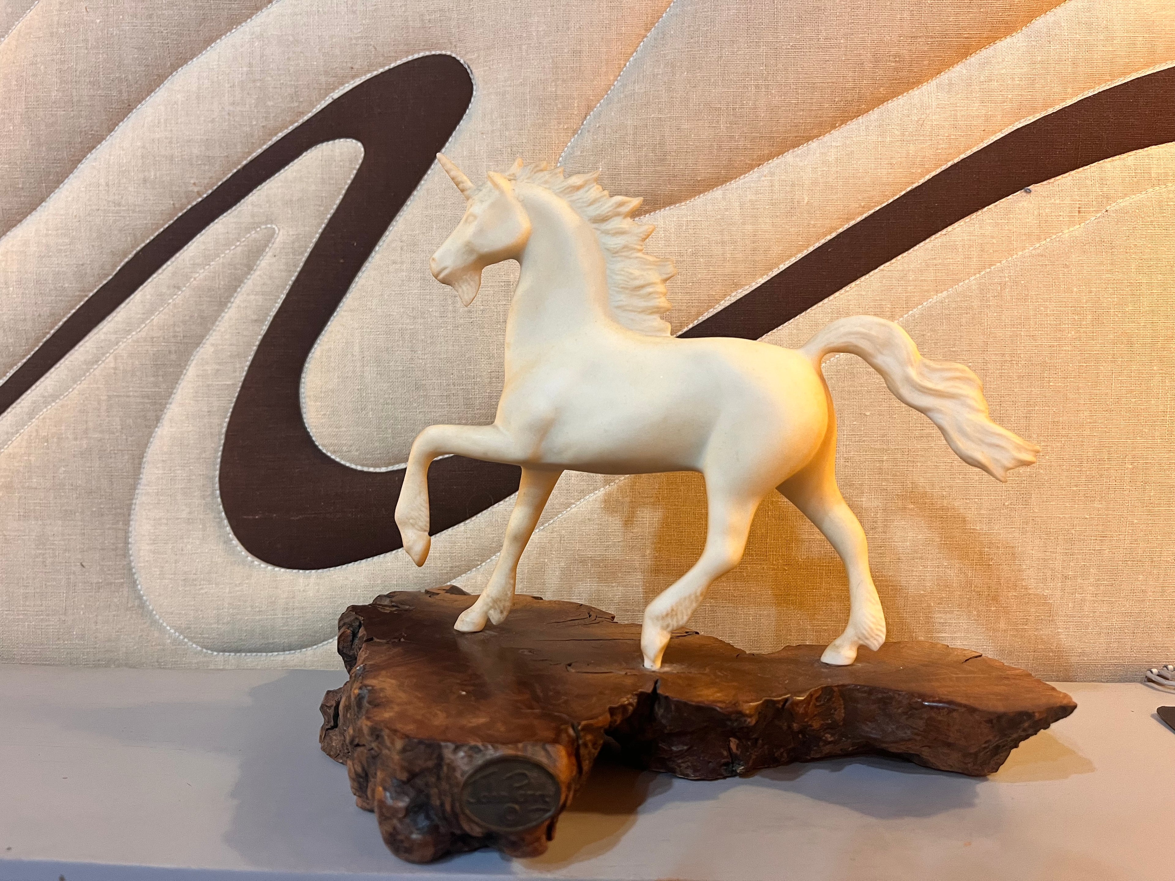 Vintage Unicorn Sculpture- Resin & Burlwood