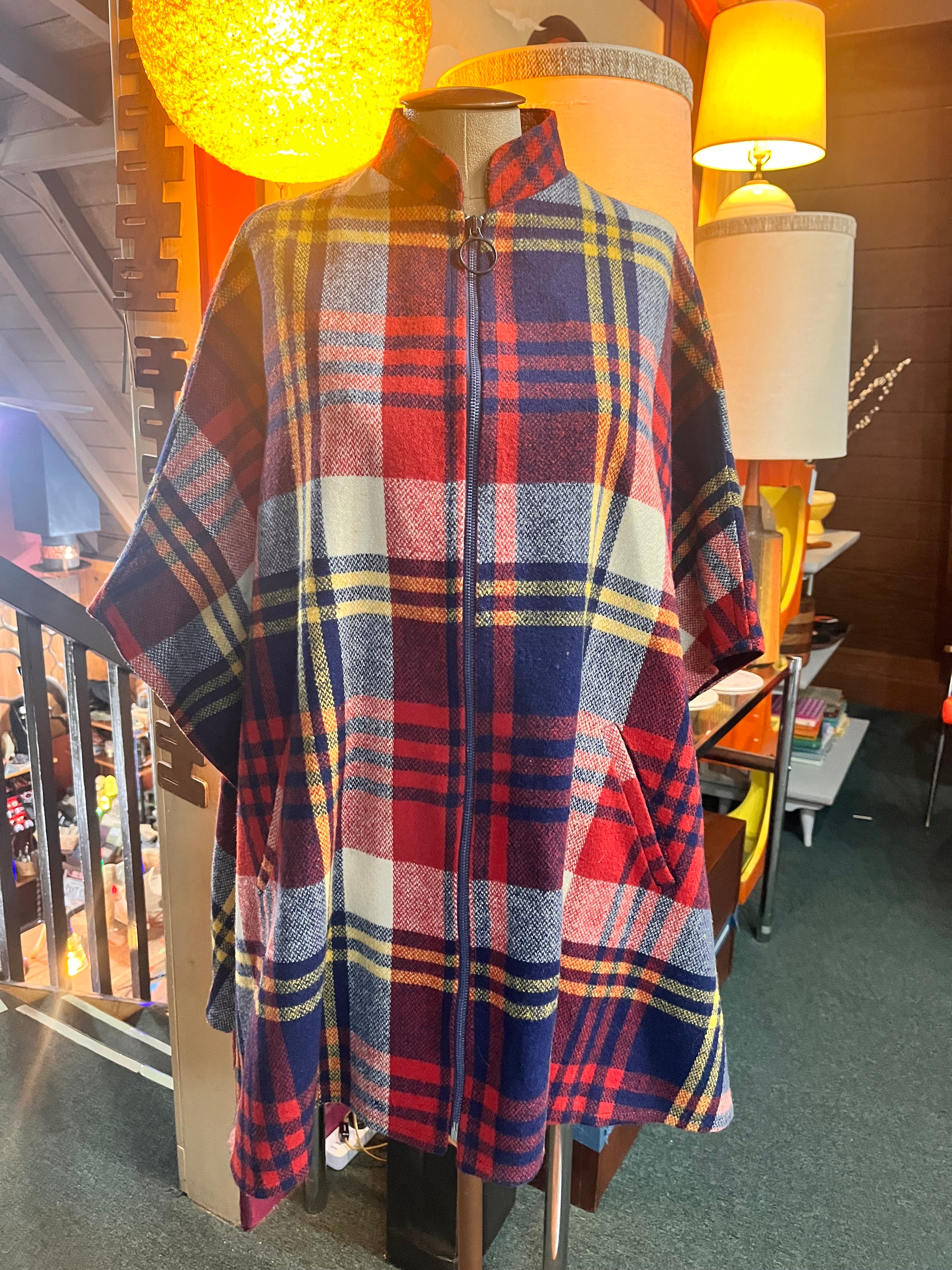 1960’s Plaid Zip Up Poncho with Pockets