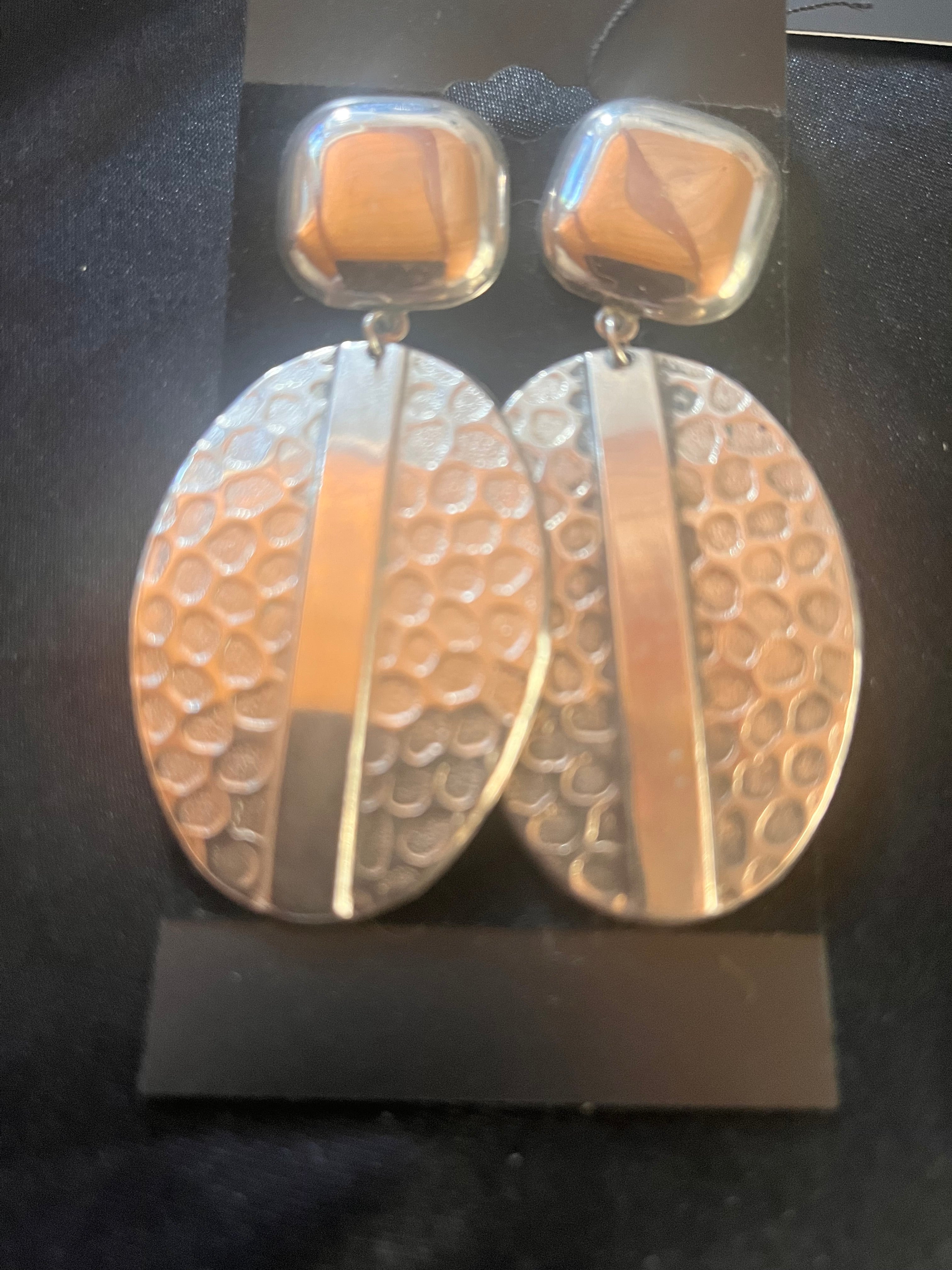 Vintage Silver Tone Hammered Statement Earrings | 1980s Retro Geometric Drops