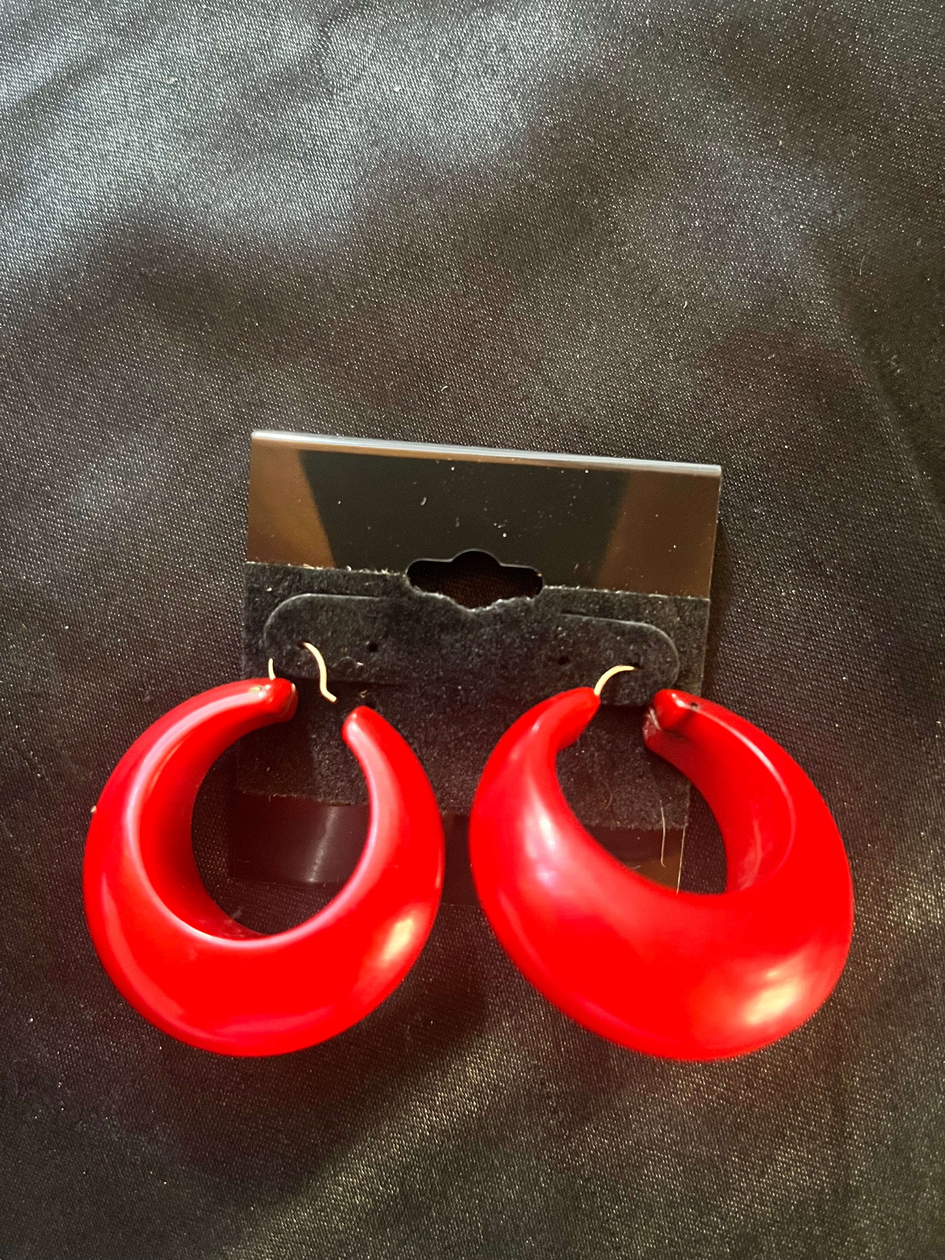 Vintage Red Bakelite Hoop Earrings | Retro Mid-Century Statement Jewelry