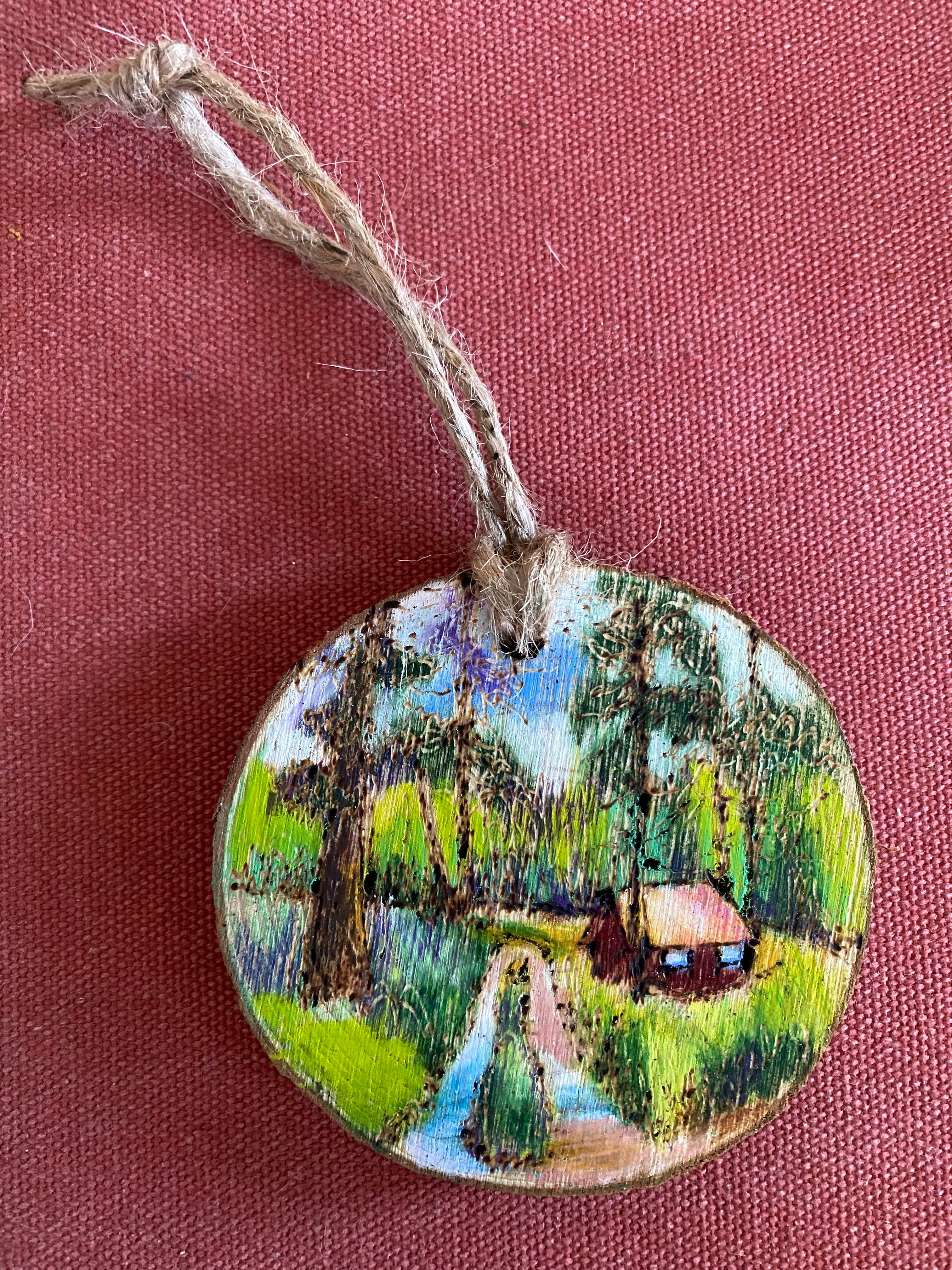 Woodburned Cabin Ornament by Jolene Paige