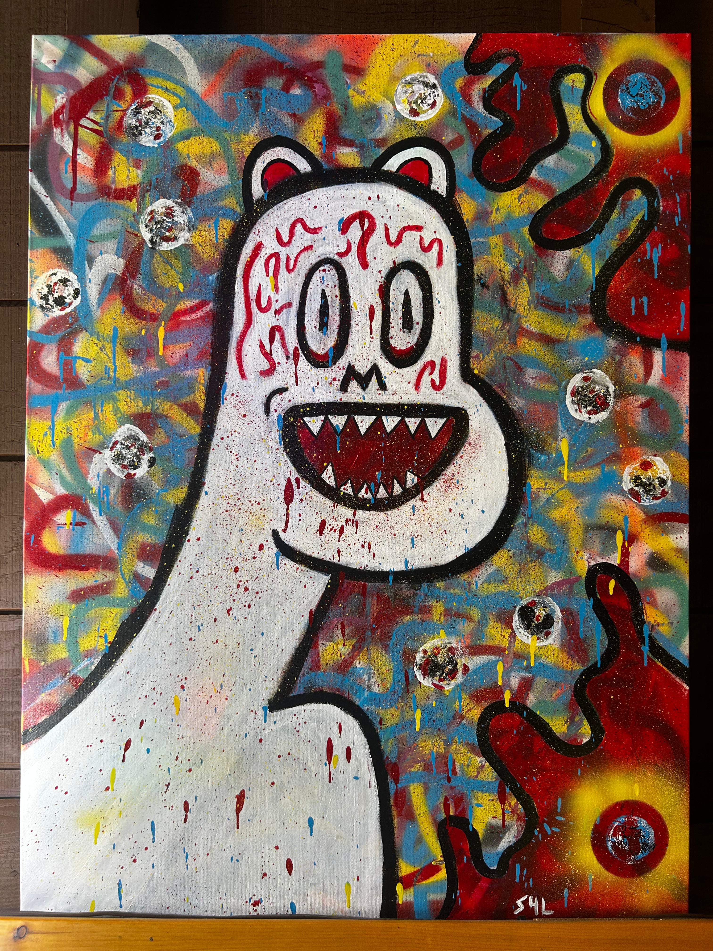 Death of the Last Polar Bear" by Shelf4Life large canvas painting featuring a stylized, cartoonish white polar bear with a wide toothy grin and wide eyes against a chaotic graffiti background of spray paint swirls, splatters, and floating circle orbs, signed S4L.
