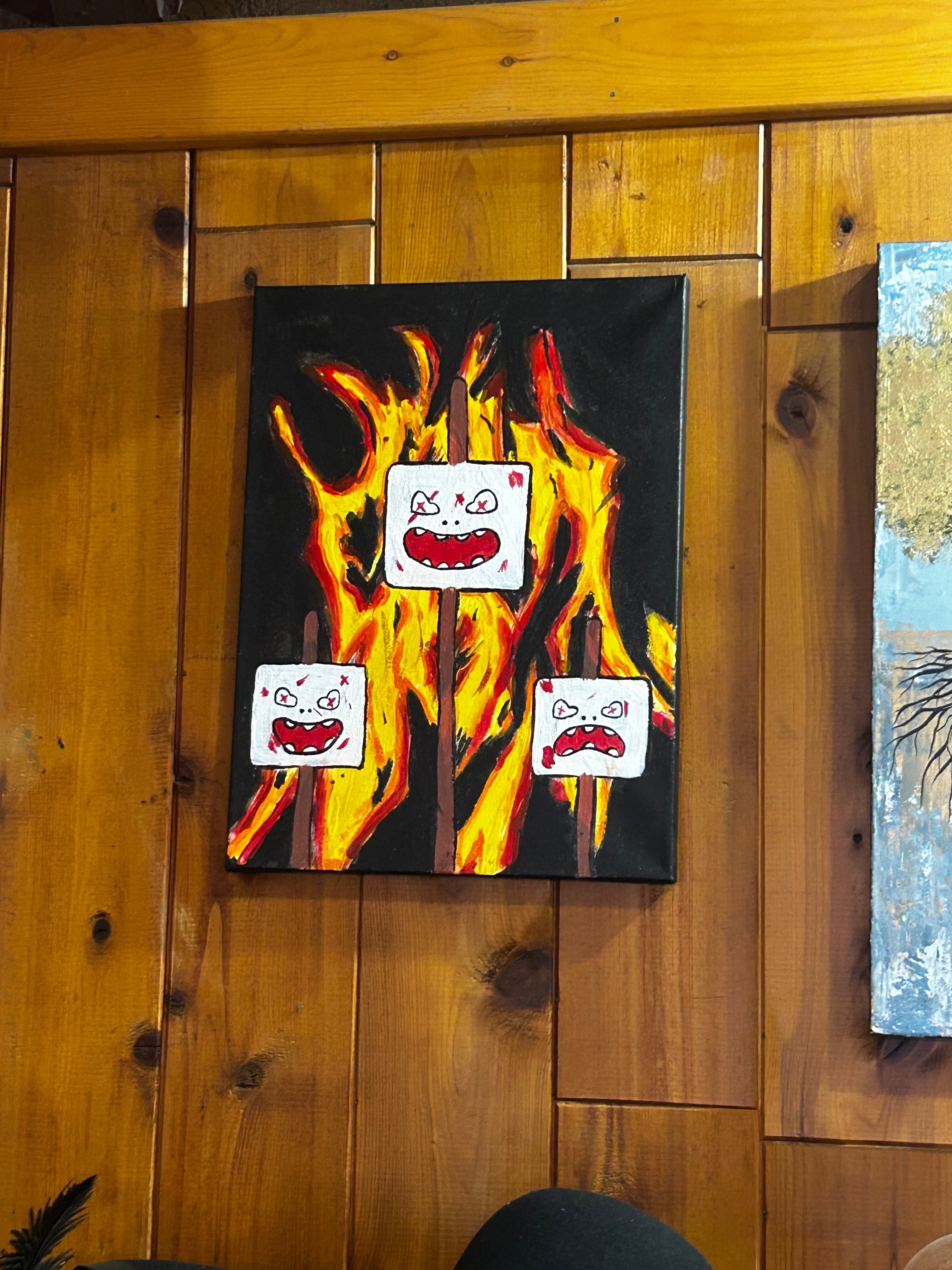 "Thief on a Stick" by Shelf4Life canvas painting featuring three stylized, white marshmallow characters with creepy faces and teeth on wooden roasting sticks in front of a large orange and yellow campfire flame against a black background.