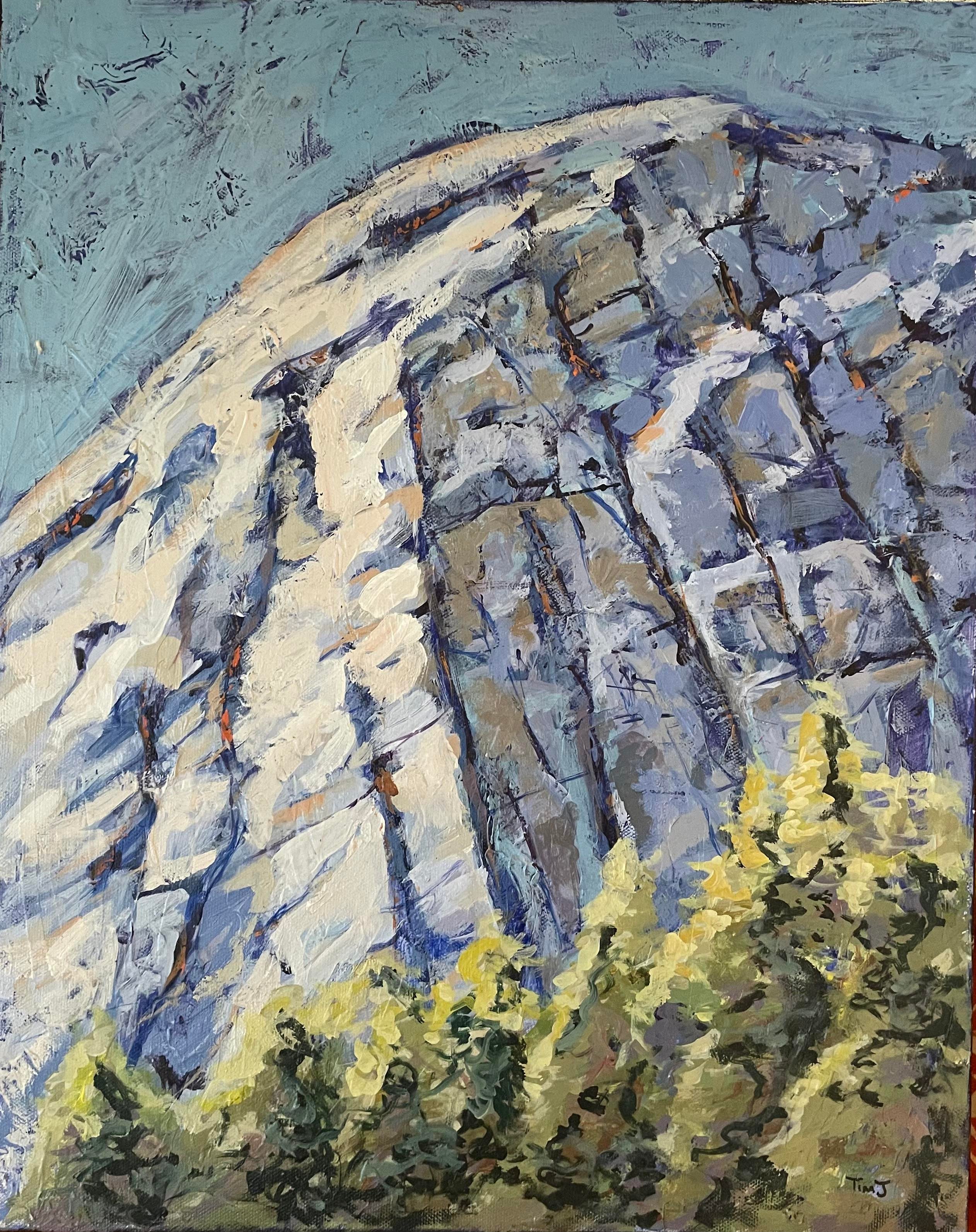 An original mountain landscape painting depicting a massive granite cliff face rendered in thick impasto brushstrokes with shades of blue, purple, and cream under a textured light blue sky, with green and yellow pine trees lining the bottom.