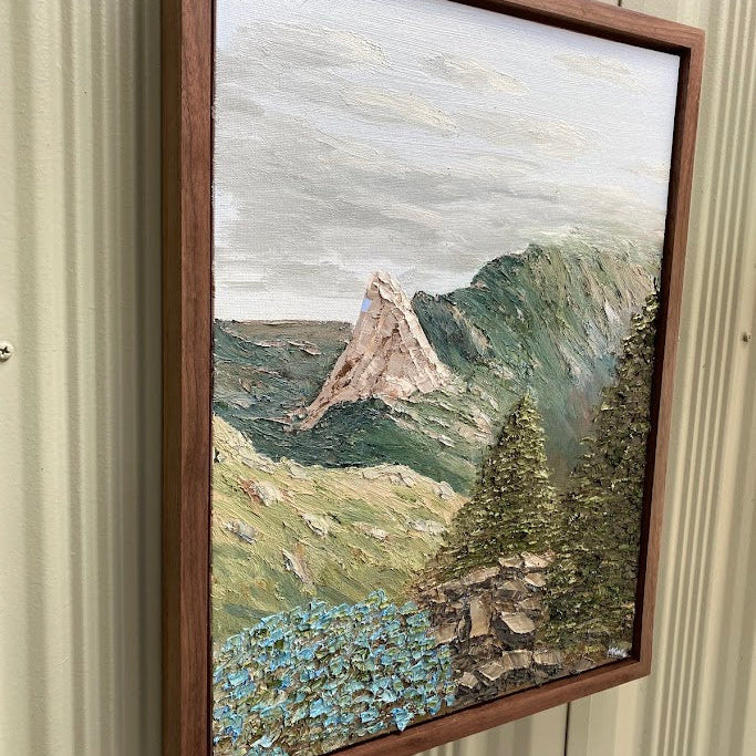 Framed landscape painting of a mountainous scene on a textured wall.