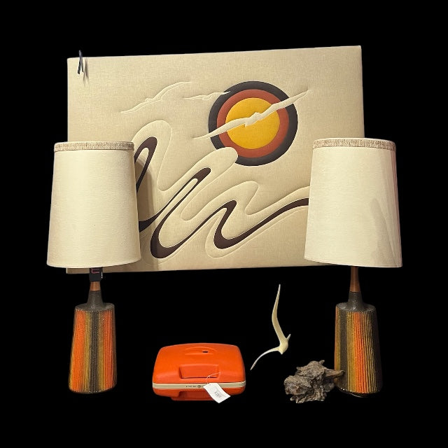 Rare Pair of 1960’s Orange Mustard & Brown Pottery Table Lamps