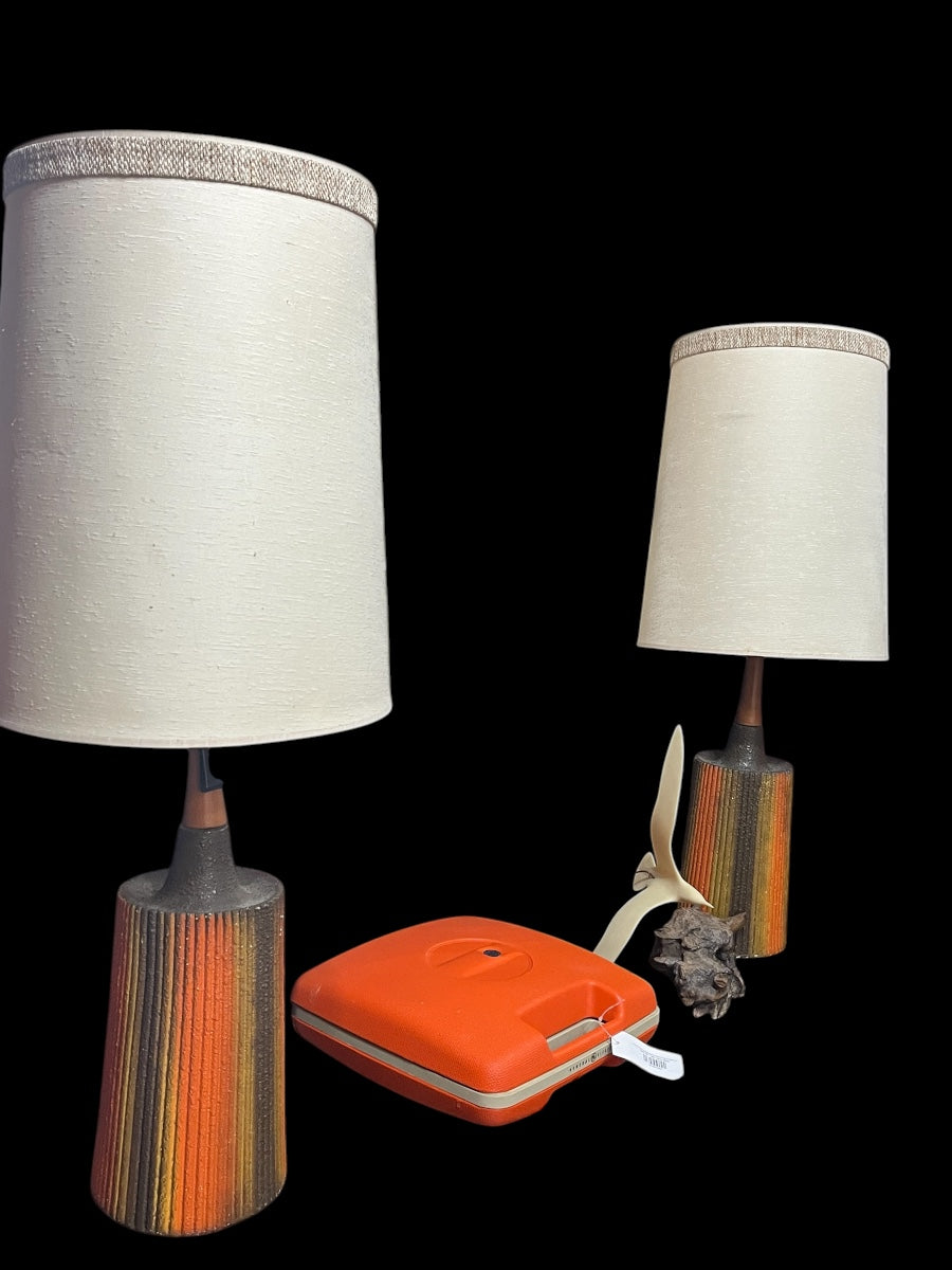 Rare Pair of 1960’s Orange Mustard & Brown Pottery Table Lamps