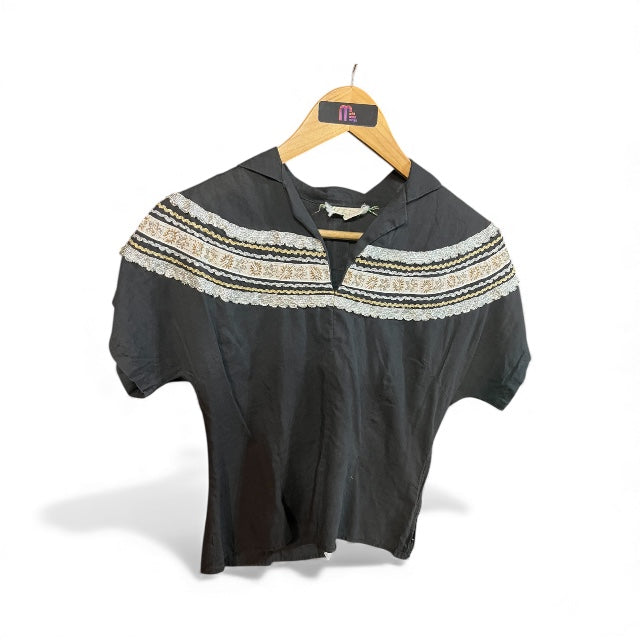 Vintage Black & Silver Embroidered Short Sleeve Blouse
