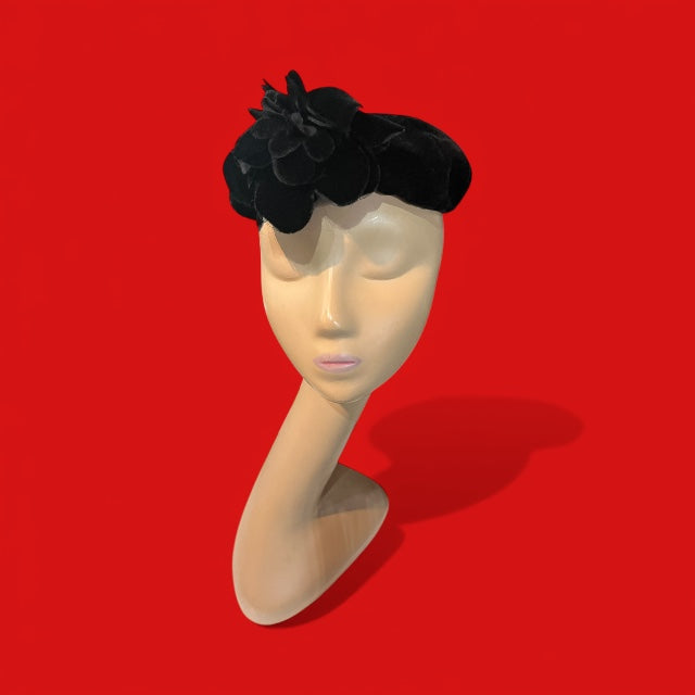 Black Velvet Vintage Hat with Flower