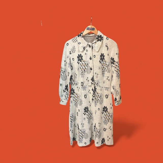 Adorable Knit Vintage Dress-Gray with Black Flowers