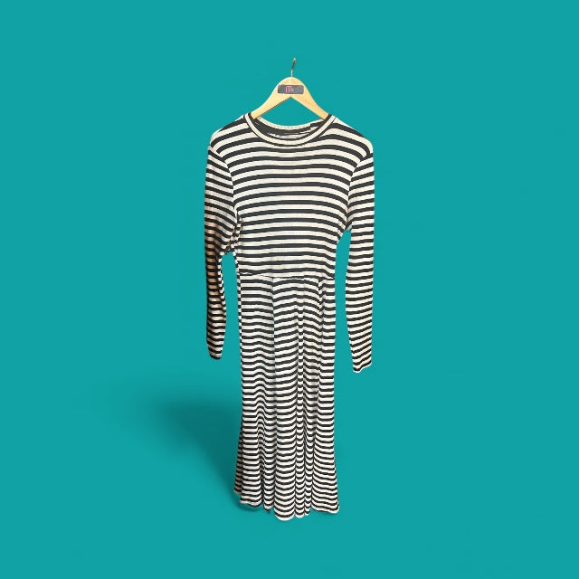 Retro Black & White Striped Long Sleeve Dress