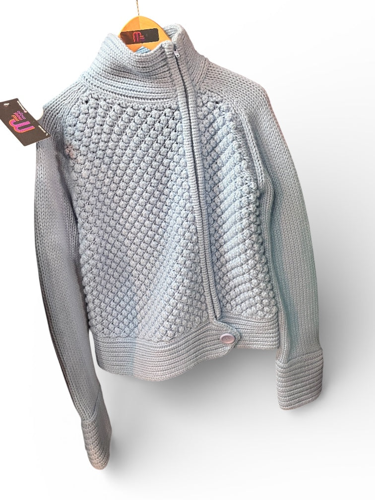 Retro Asymmetrical Zipper Sweater- Pale Blue