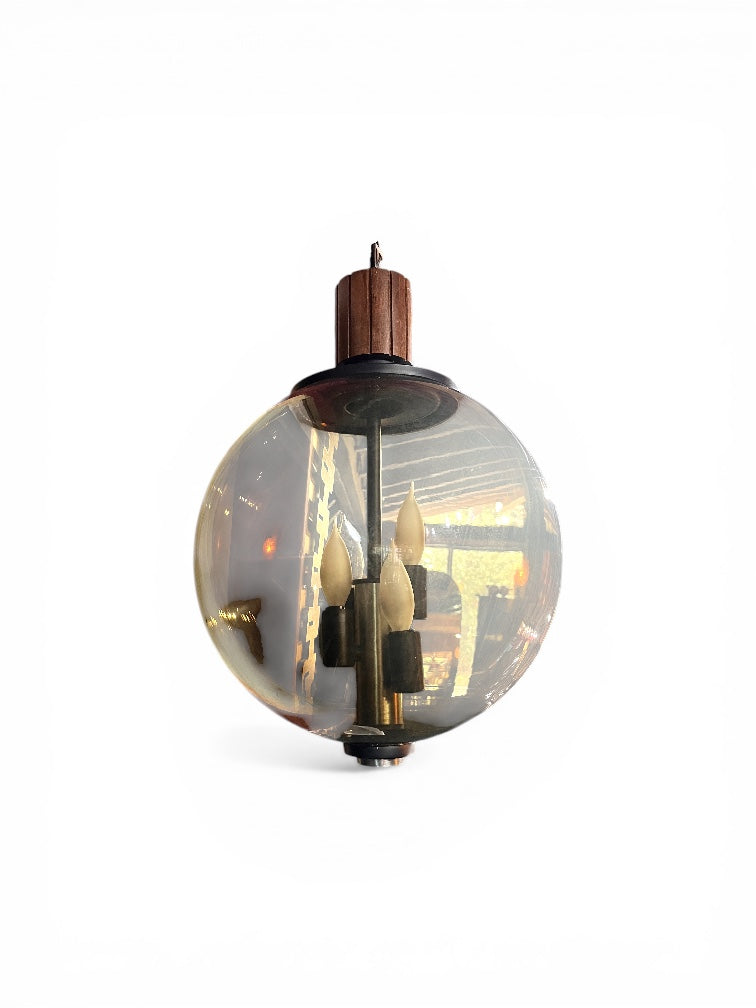 Vintage Danish Smoked Glass & Teak Pendant Lamp