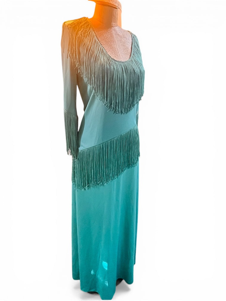 Fabulous Vintage Fringed Seafoam Green Maxi Dress