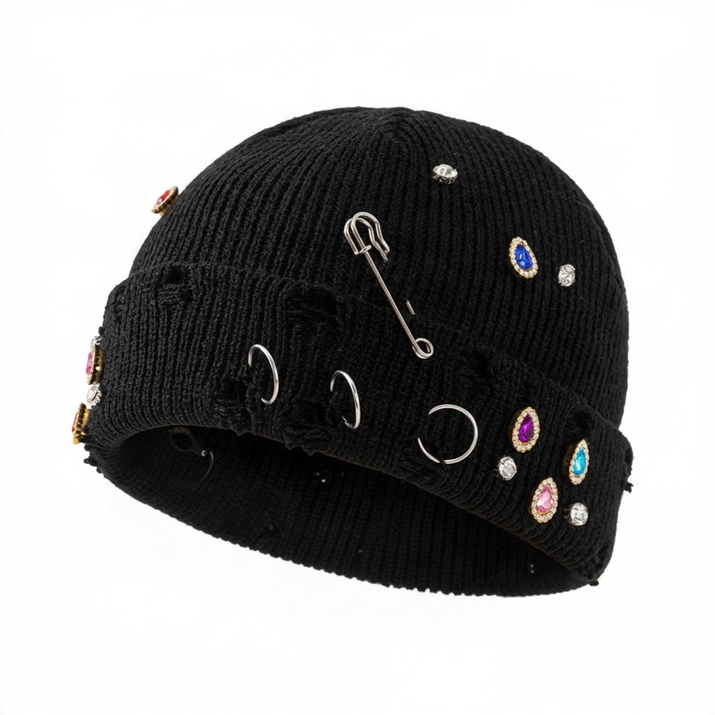 The Punk Bricolage | Jeweled Distressed Knit Beanie
