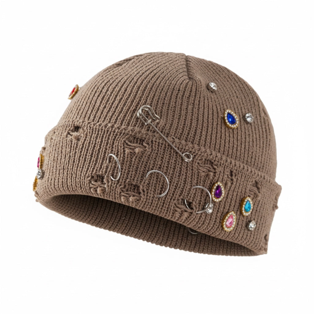 The Punk Bricolage | Jeweled Distressed Knit Beanie