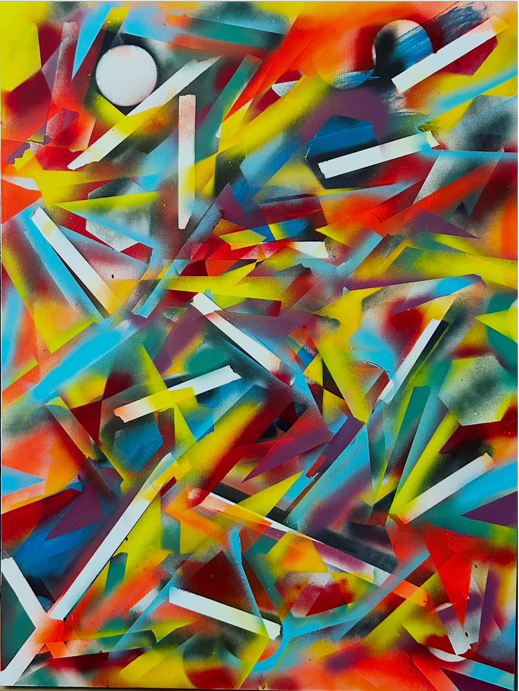 Changes by Shelf4Life original abstract geometric canvas painting featuring a vibrant, multi-layered collision of overlapping sharp angular shapes, bright yellow, orange, blue, red, and purple spray paint gradients, and stenciled white geometric bars with 3D drop shadows.