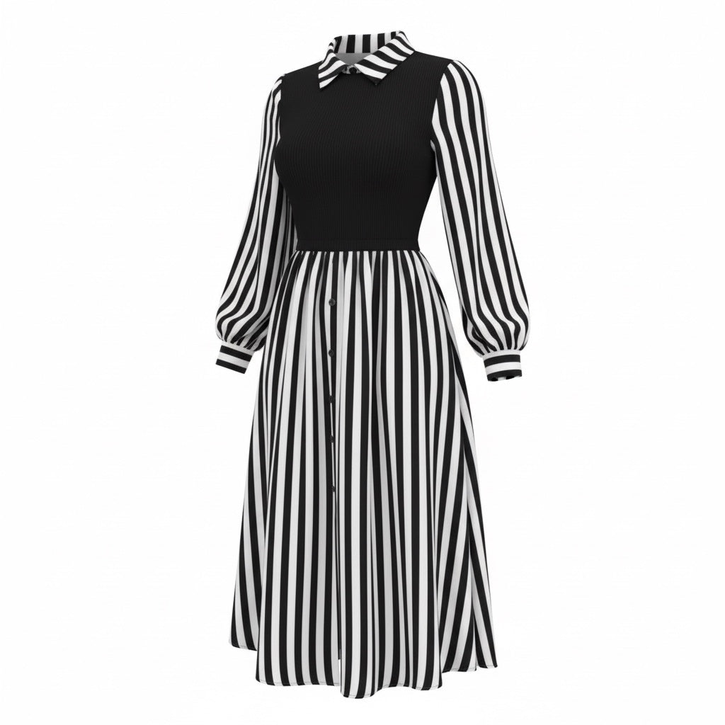 The Monochrome Heiress | Striped Shirt Dress with Integrated Knit Vest