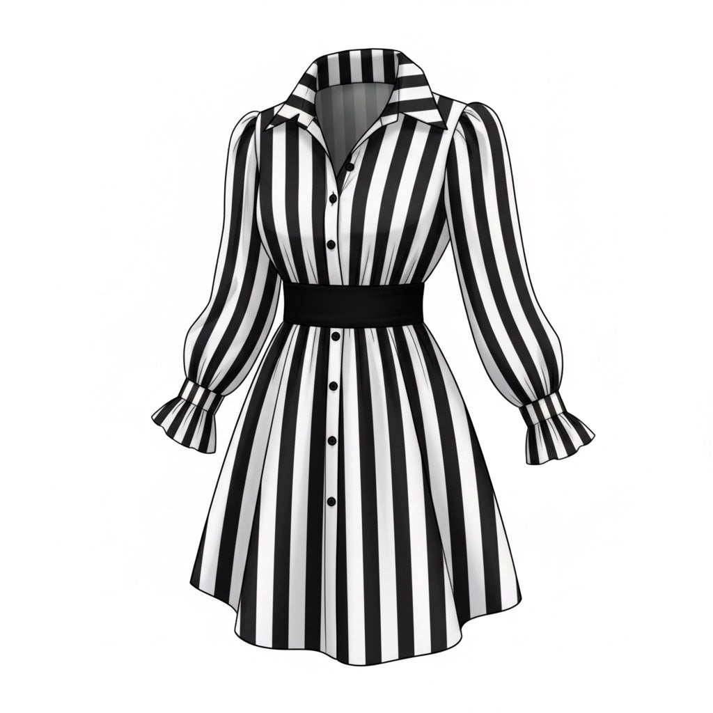 The Striped Provocateur | Black & White Belted Shirt Dress
