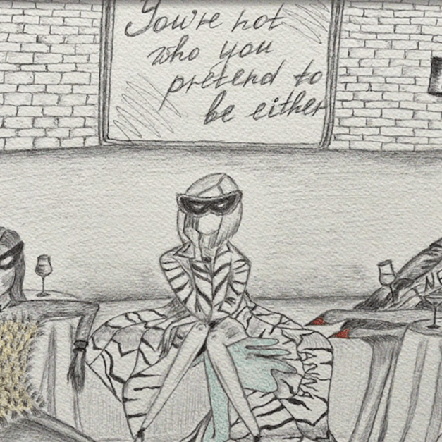 Cartoon-style drawing of three masked individuals in a restaurant setting with text on the wall. You're Not Who You Pretend to be Either - Limited Edition Anna Delvey Print - 1 of 500